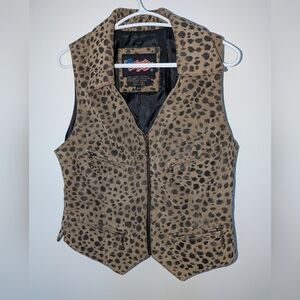 EasyRiders Women’s Leather Cheetah Print Biker Moto Vest – Size Large